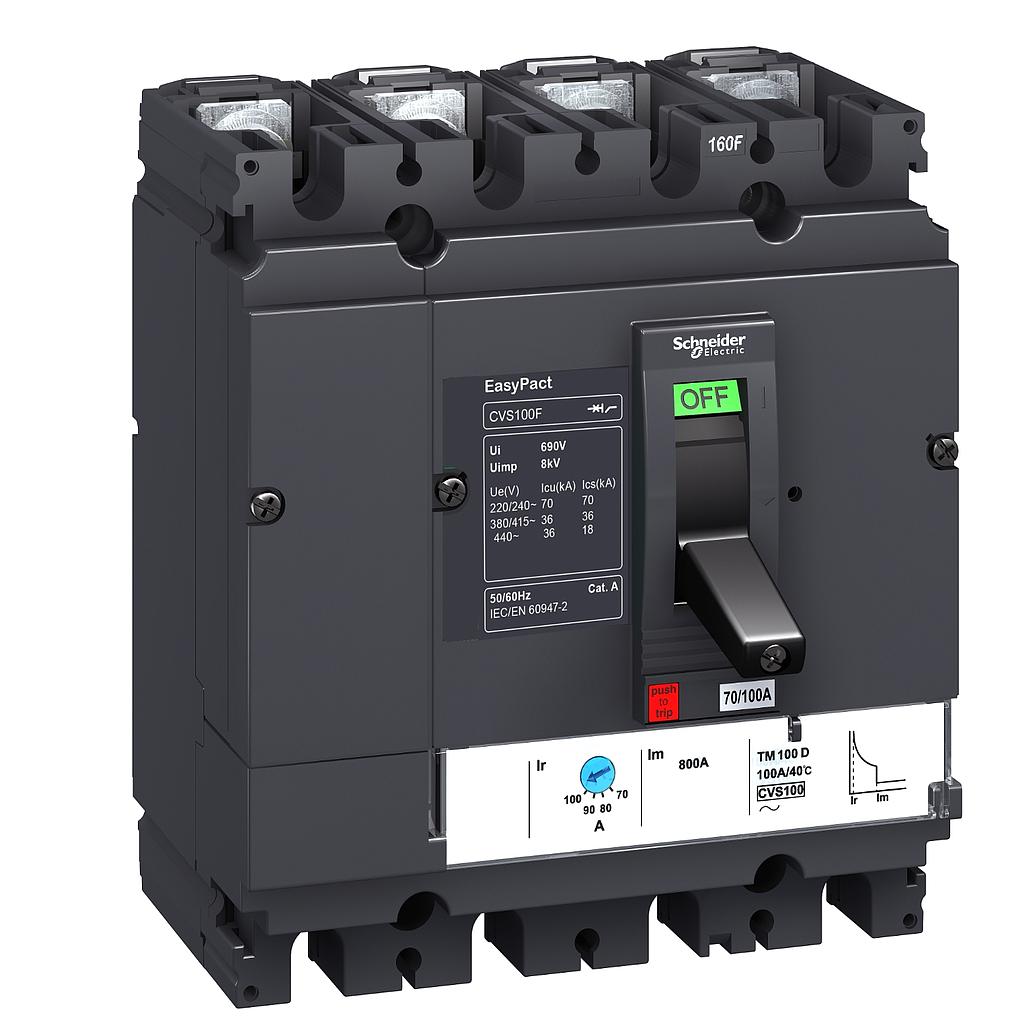 Schneider  Circuit breaker EasyPact CVS100F, 36 kA at 415 VAC, 63 A rating thermal magnetic TM-D trip unit, 4P 3d