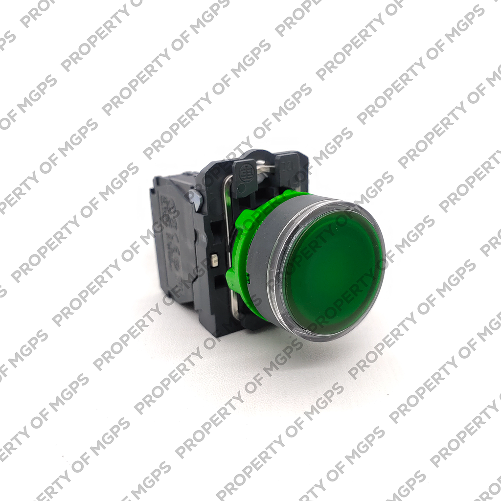 Schneider  Green flush complete illum pushbutton (D)22 spring return 1NO+1NC 24V