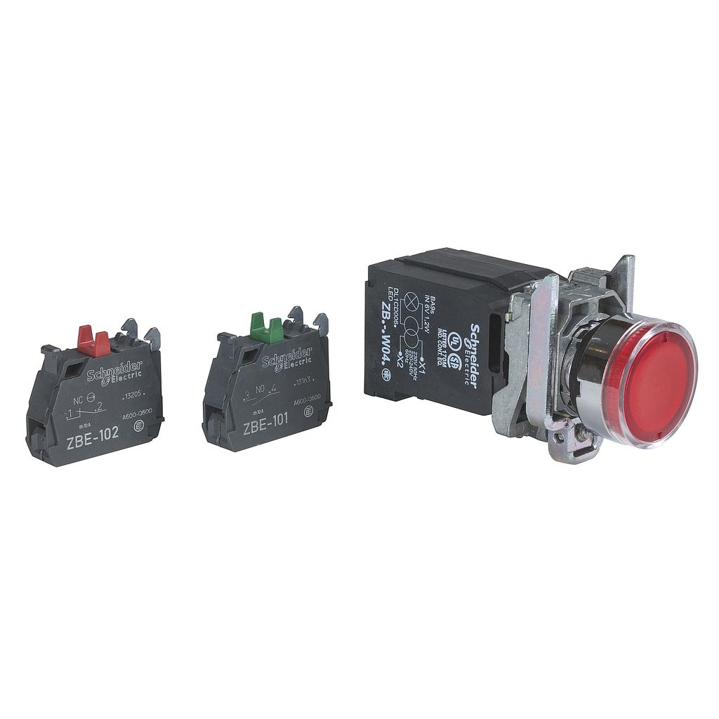 Schneider  Red flush complete illum pushbutton (D)22 spring return 1NO+1NC 110.120V