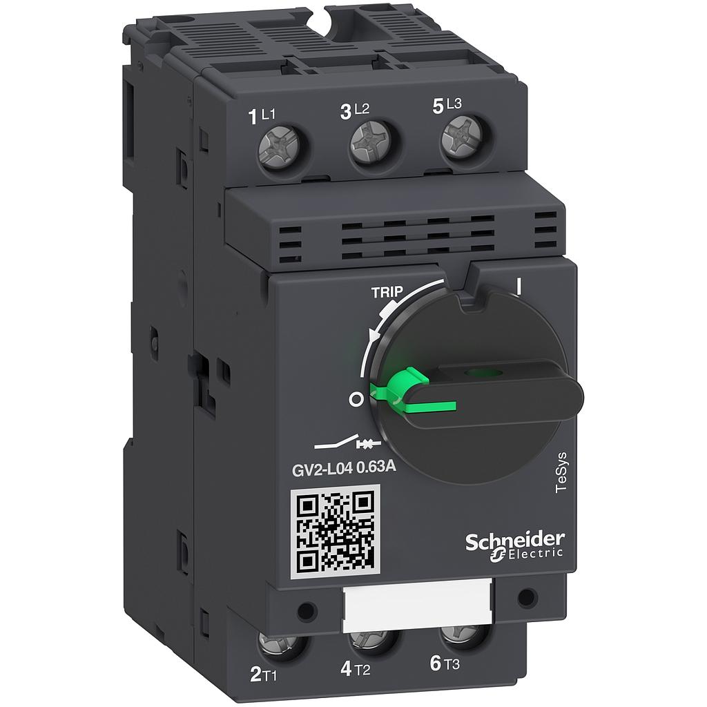 Schneider  Motor circuit breaker, TeSys GV2, 3P, 0.63 A, magnetic, rotary handle, screw clamp terminals