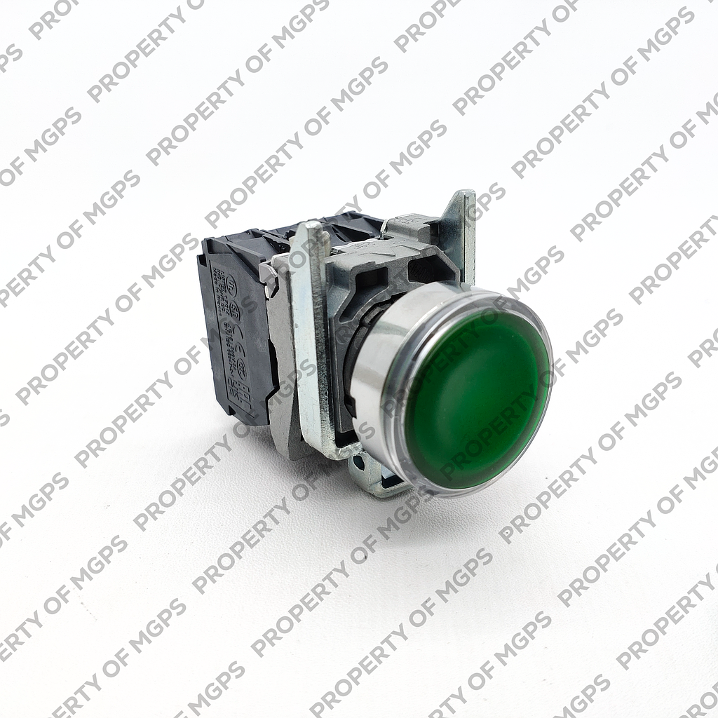 Schneider  Green flush complete illum pushbutton (D)22 spring return 1NO+1NC 24V